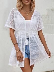 SHEIN LUNE Tassel Tie Front Drawstring Waist Lace Kimono - White - View 3