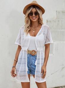 SHEIN LUNE Tassel Tie Front Drawstring Waist Lace Kimono - White - View 4