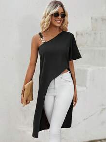 SHEIN LUNE Áo sơ mi nữ Bất đối xứng Chuỗi màu trơn Giải trí - màu đen - Xem 1