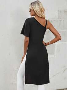 SHEIN LUNE Áo sơ mi nữ Bất đối xứng Chuỗi màu trơn Giải trí - màu đen - Xem 2