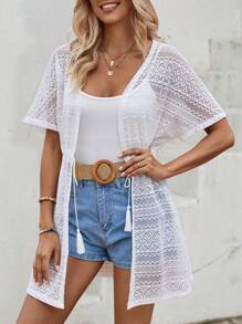 SHEIN LUNE Tassel Tie Front Drawstring Waist Lace Kimono - White - View 5
