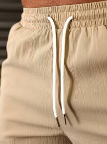 Manfinity Homme Loose Fit Men's Cargo Shorts With Flap Pockets And Drawstring Waistband - Khaki - View 8