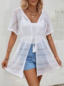 SHEIN LUNE Tassel Tie Front Drawstring Waist Lace Kimono - White - View 1