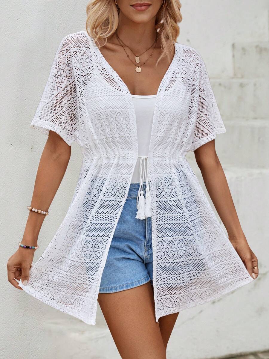 SHEIN LUNE Tassel Tie Front Drawstring Waist Lace Kimono - White - View 1