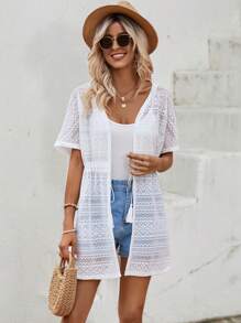 SHEIN LUNE Tassel Tie Front Drawstring Waist Lace Kimono - White - View 6