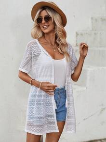 SHEIN LUNE Tassel Tie Front Drawstring Waist Lace Kimono - White - View 7