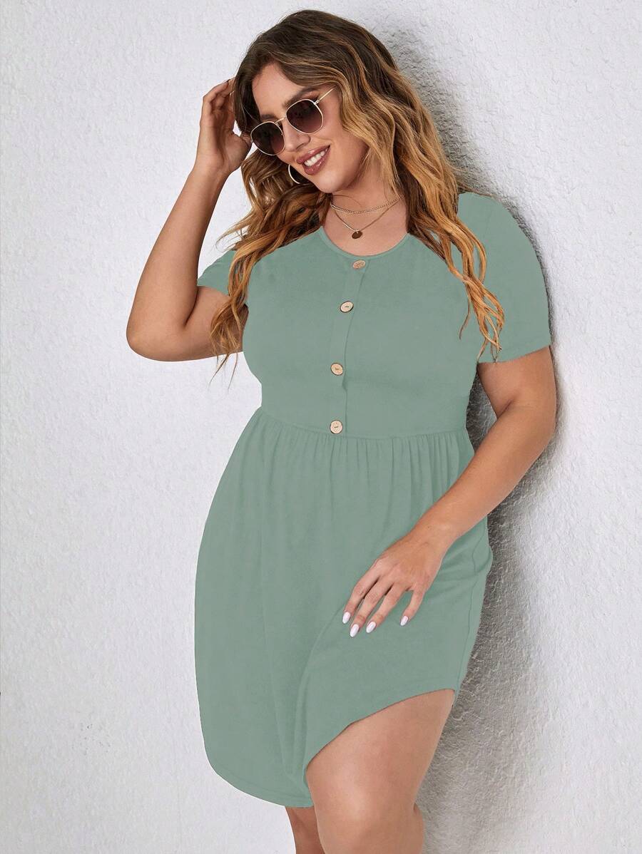 SHEIN LUNE Plus Button Front A-line Dress - Green - View 1