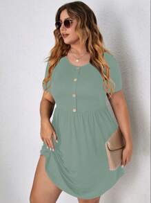 SHEIN LUNE Plus Button Front A-line Dress - Green - View 3