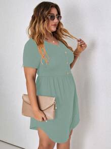 SHEIN LUNE Plus Button Front A-line Dress - Green - View 4