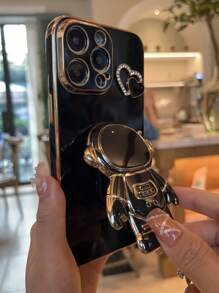 苹果宇航员图案手机壳带支架，兼容 15/15 Plus/15 Pro/15 Pro Max，可爱防水防震防摔防刮花，国际版，非国内版 - 黑色 - 查看 4