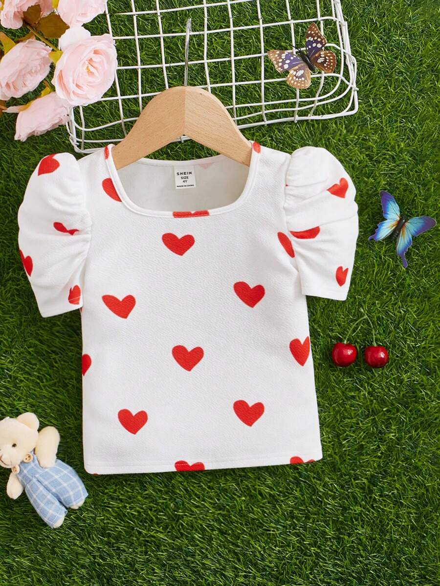 SHEIN Young Girl City Style Heart Pattern Round Neck Raglan Sleeve Knitted Comfortable T-Shirt - Red and White - View 1