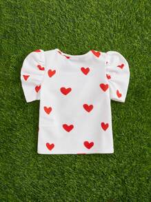 SHEIN Young Girl City Style Heart Pattern Round Neck Raglan Sleeve Knitted Comfortable T-Shirt - Red and White - View 2