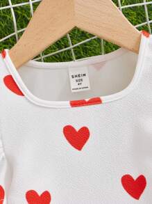 SHEIN Young Girl City Style Heart Pattern Round Neck Raglan Sleeve Knitted Comfortable T-Shirt - Red and White - View 3