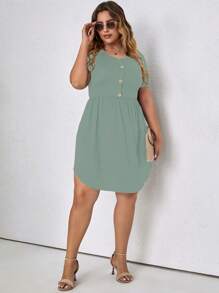 SHEIN LUNE Plus Button Front A-line Dress - Green - View 5