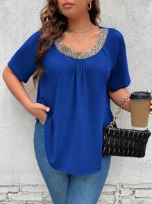 SHEIN Clasi 大碼拼接邊插肩袖拼接細節弧形下擺T恤 - 藍色 - 查看 1