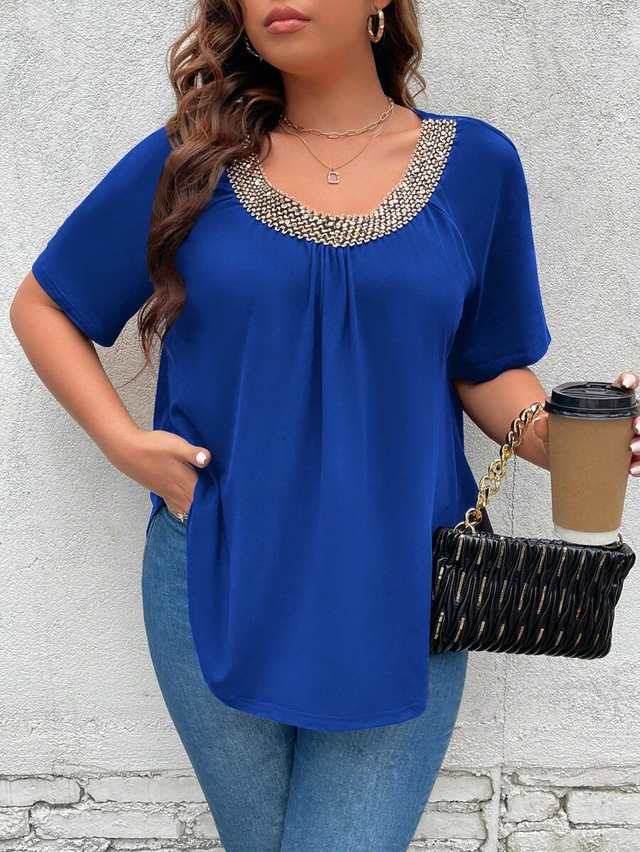 SHEIN Clasi 大碼拼接邊插肩袖拼接細節弧形下擺T恤 - 藍色 - 查看 1