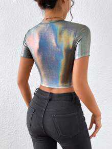 SHEIN ICON Holographic Crop Tee - Silver - View 2