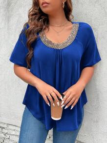 SHEIN Clasi 大碼拼接邊插肩袖拼接細節弧形下擺T恤 - 藍色 - 查看 3