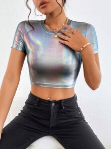 SHEIN ICON Holographic Crop Tee - Silver - View 3