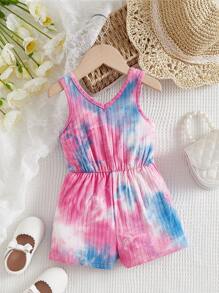 SHEIN Đứa bé gái Nhuộm buộc Đồ đan Ribbed Romper - Nhiều màu - Xem 1