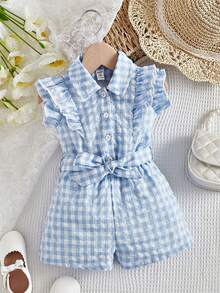 SHEIN Baby Plaid Print Ruffle Trim Belted Shirt Romper - Blue and White - View 6