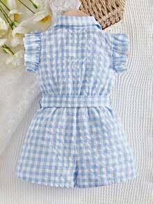SHEIN Baby Plaid Print Ruffle Trim Belted Shirt Romper - Blue and White - View 7