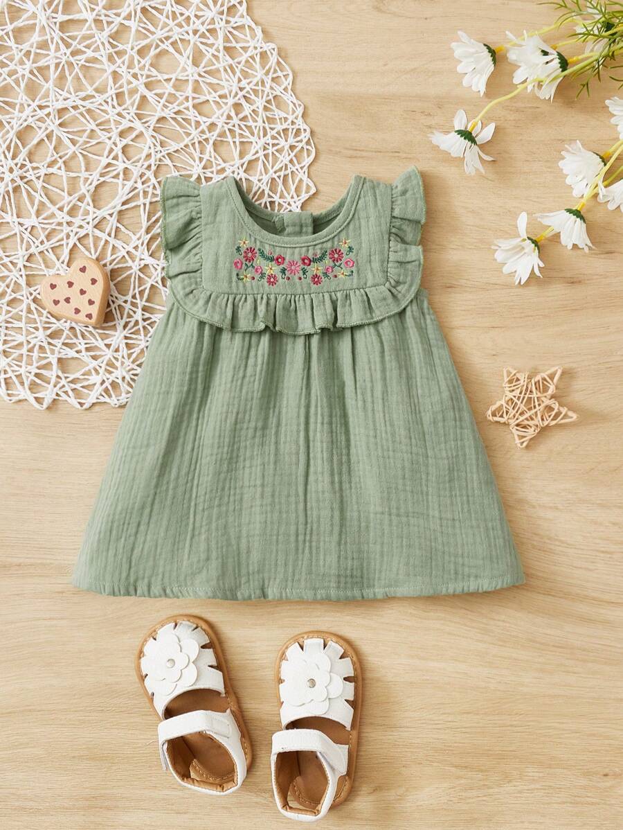 SHEIN Bebé Vestido con bordado floral ribete con fruncido - verde menta - Ver 1
