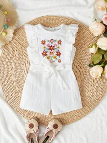 SHEIN Leap Crew Baby Girl Floral Embroidery Ruffle Trim Belted Romper - White - View 1
