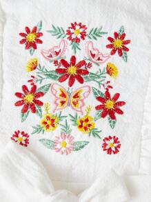 SHEIN Leap Crew Baby Girl Floral Embroidery Ruffle Trim Belted Romper - White - View 3