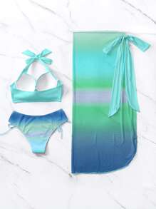 SHEIN Swim 漸層聚攏比基尼泳裝附沙灘裙 - 薄荷綠 - 查看 4