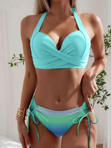 SHEIN Swim 漸層聚攏比基尼泳裝附沙灘裙 - 薄荷綠 - 查看 5