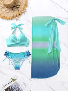 SHEIN Swim 漸層聚攏比基尼泳裝附沙灘裙 - 薄荷綠 - 查看 7