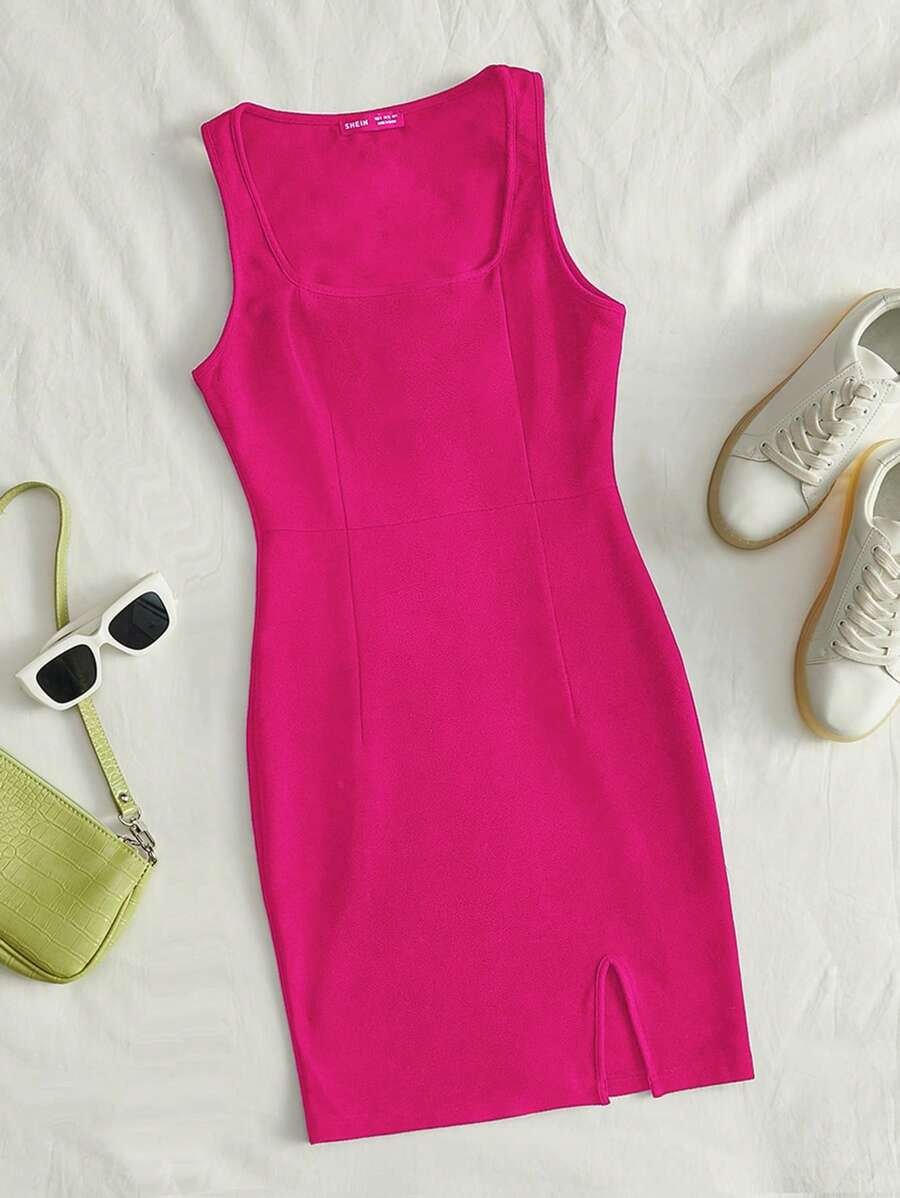 SHEIN EZwear Solid Split Hem Bodycon Dress - Hot Pink - View 1