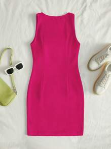 SHEIN EZwear Solid Split Hem Bodycon Dress - Hot Pink - View 2