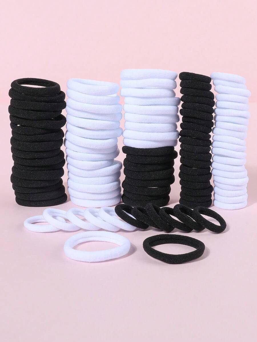 100pcs Simple Basic Seamless Non-Damaging Elastic Hair Ties For Girls And Moms, Suitable For Daily Use - Black and White - View 1