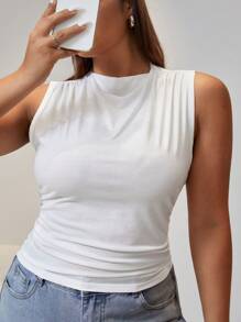 CovetEZ Plus Solid Ruched Tank Top - White - View 1
