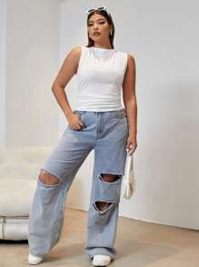 CovetEZ Plus Solid Ruched Tank Top - White - View 3