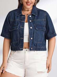 Plus Flap Pocket Button Front Denim Jacket - Dark Wash - View 1