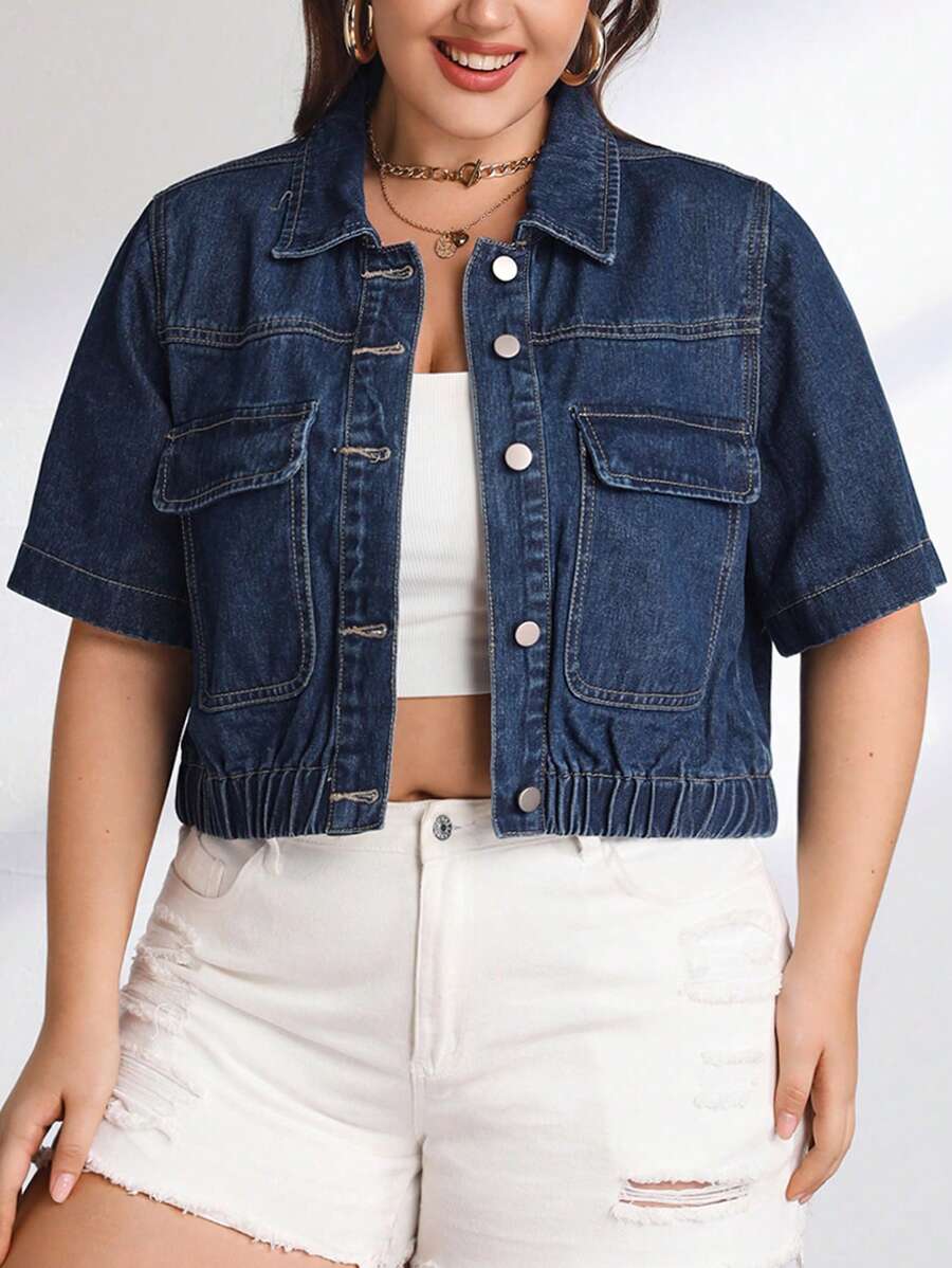 Plus Flap Pocket Button Front Denim Jacket - Dark Wash - View 1