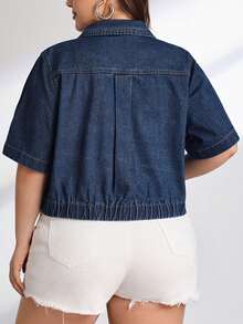 Plus Flap Pocket Button Front Denim Jacket - Dark Wash - View 2