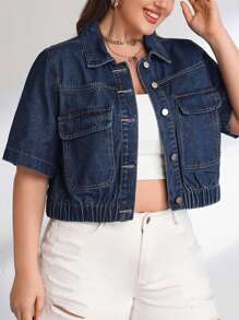 Plus Flap Pocket Button Front Denim Jacket - Dark Wash - View 3