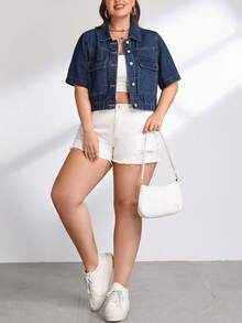 Plus Flap Pocket Button Front Denim Jacket - Dark Wash - View 4