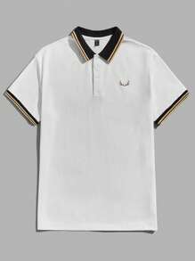 GENTILAND 男士鹿角圖案條紋飾邊POLO衫 - 白色 - 查看 1