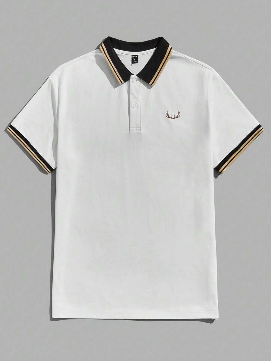 GENTILAND 男士鹿角圖案條紋飾邊POLO衫 - 白色 - 查看 1