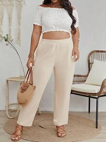 SHEIN Essnce Plus Solid Slant Pocket Pants - Apricot - View 3