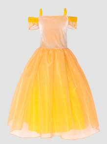 Toddler Girls Cold Shoulder Bow Front Mesh Overlay Gown Dress - Yellow - View 2