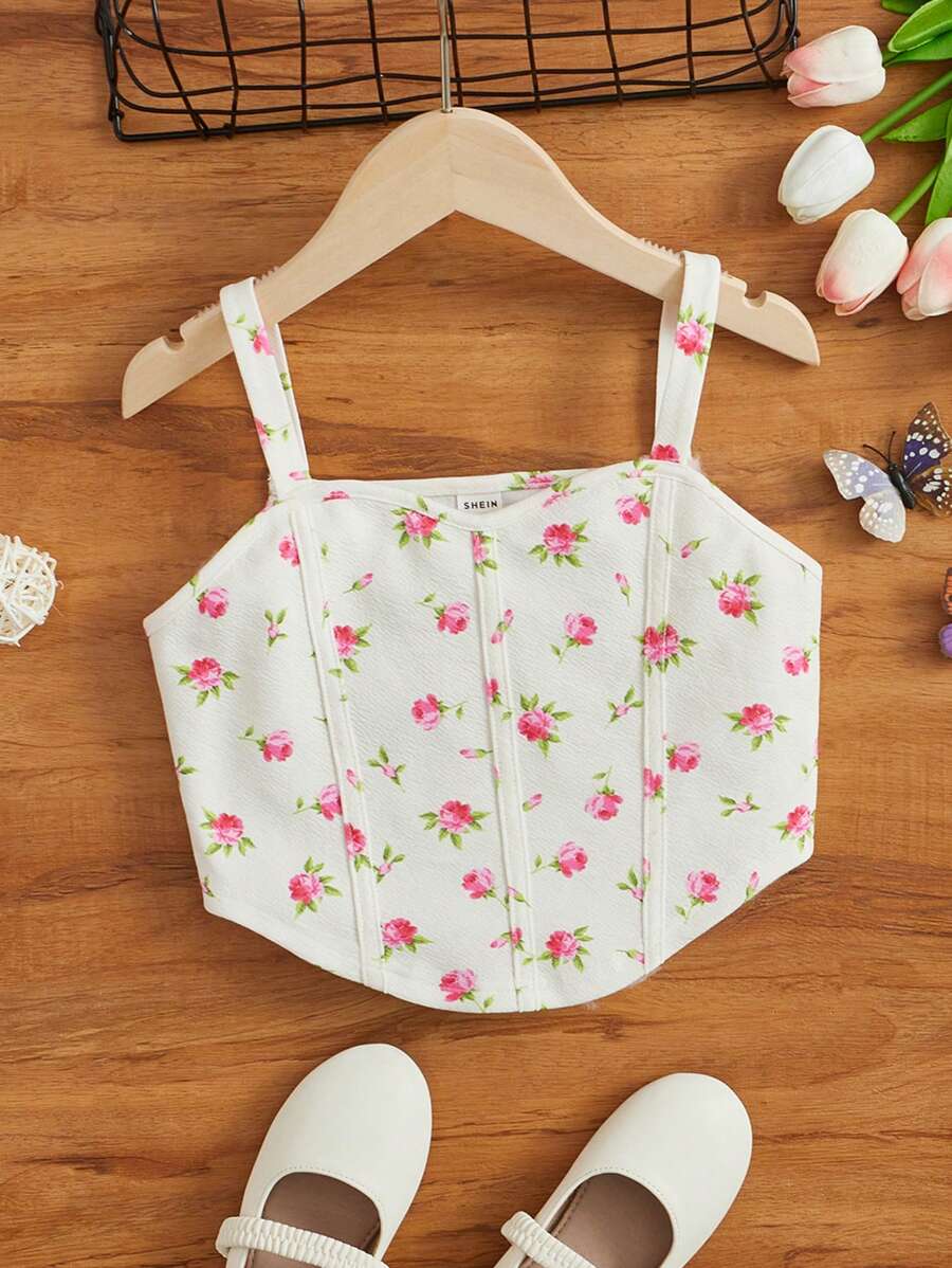 SHEIN 女孩印花弧形下擺吊帶上衣 - 彩色 - 查看 1