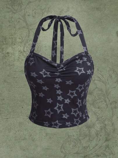 Fairycore Top halter con estampado de estrella fruncido