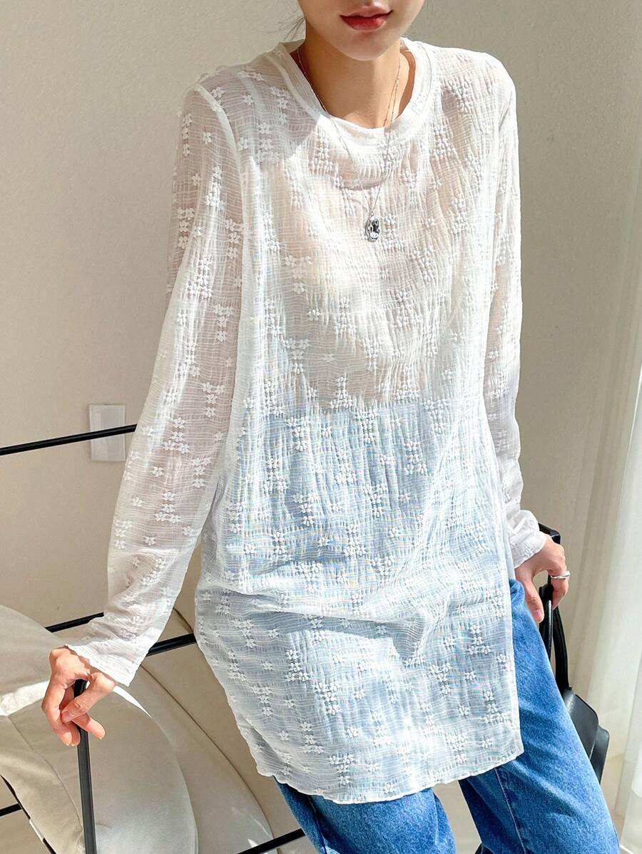 DAZY Solid Sheer Mesh Top Without Bra - White - View 1