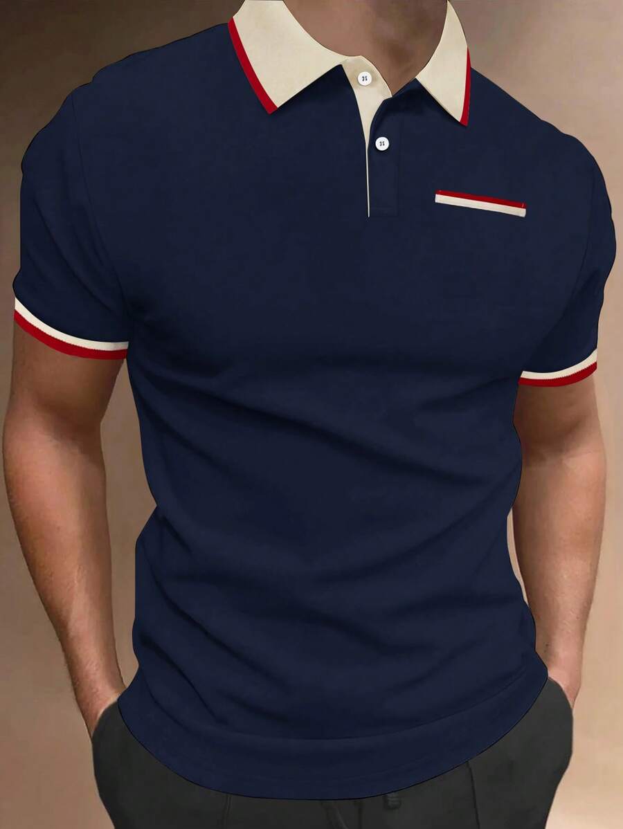 Manfinity Homme 男士拼接邊POLO衫 - 藏蓝色 - 查看 1